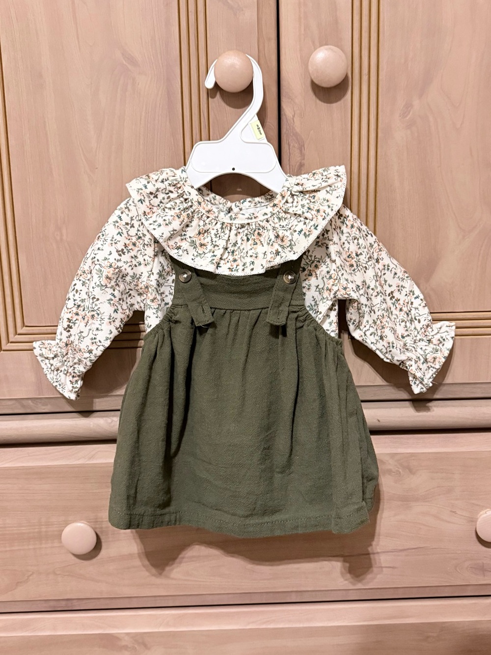 Kids Floral Ruffle Blouse with Olive Pinafore Dress